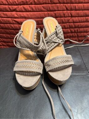 Qupid Taupe Laser-Cut Lace-Up Wedge Sandals with Suede Upper